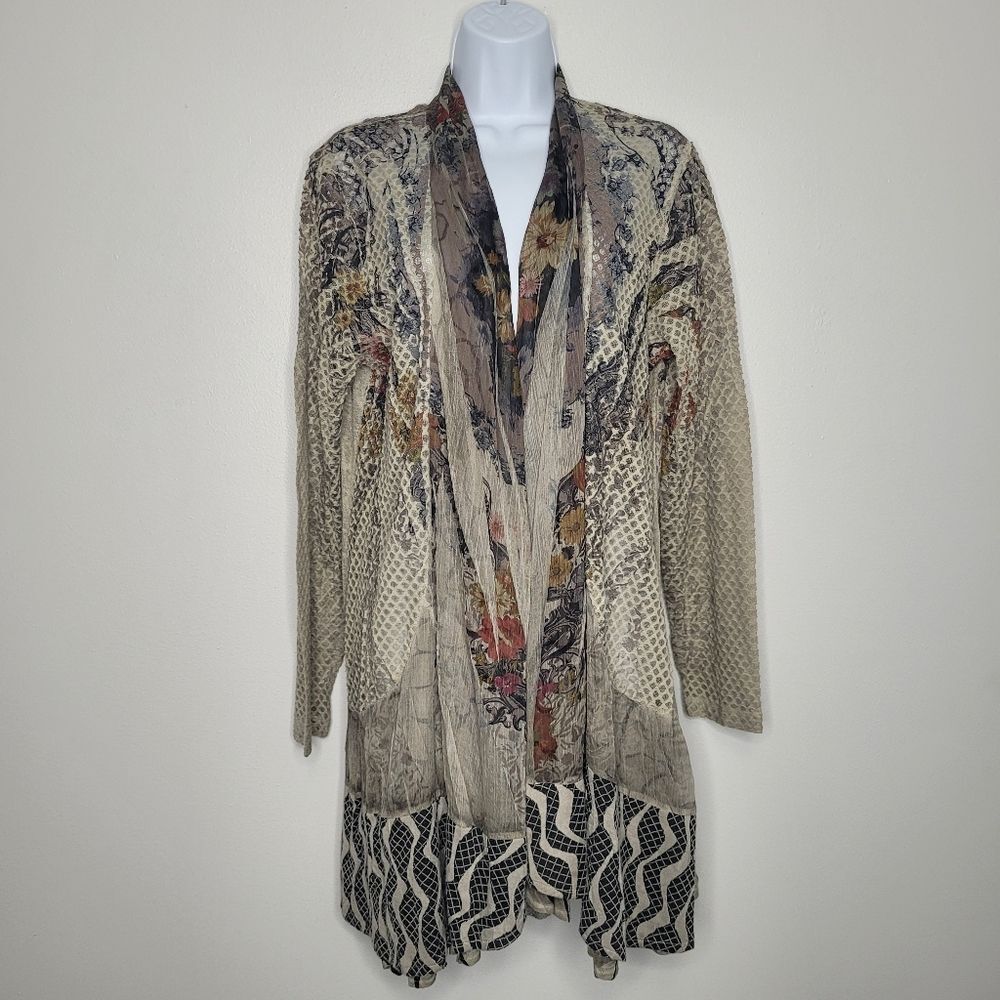 Coco+Carmen mixed print mixed media open front art to wear cardigan Size L/xl